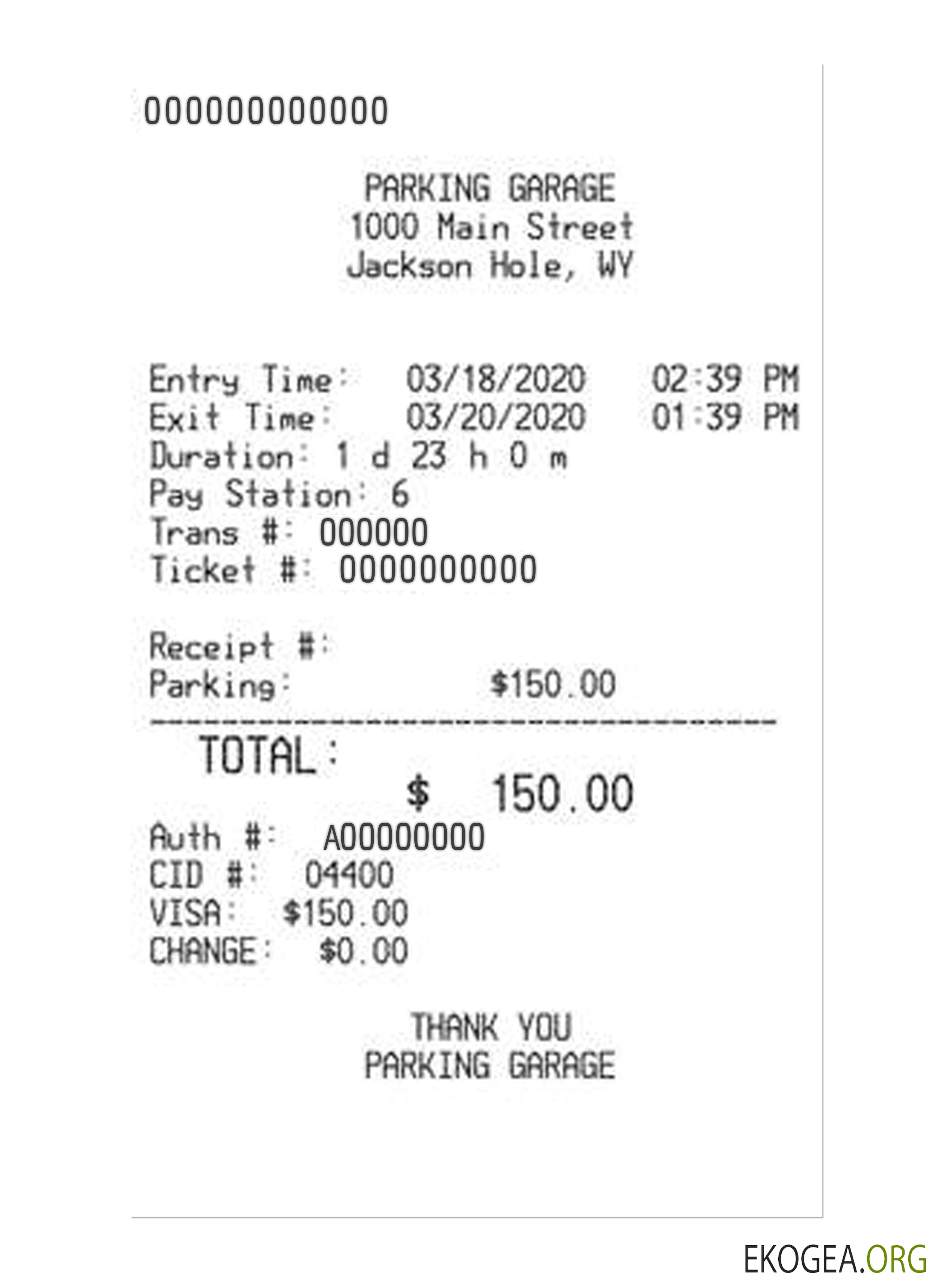 Reçu de paiement PARKING GARAGE